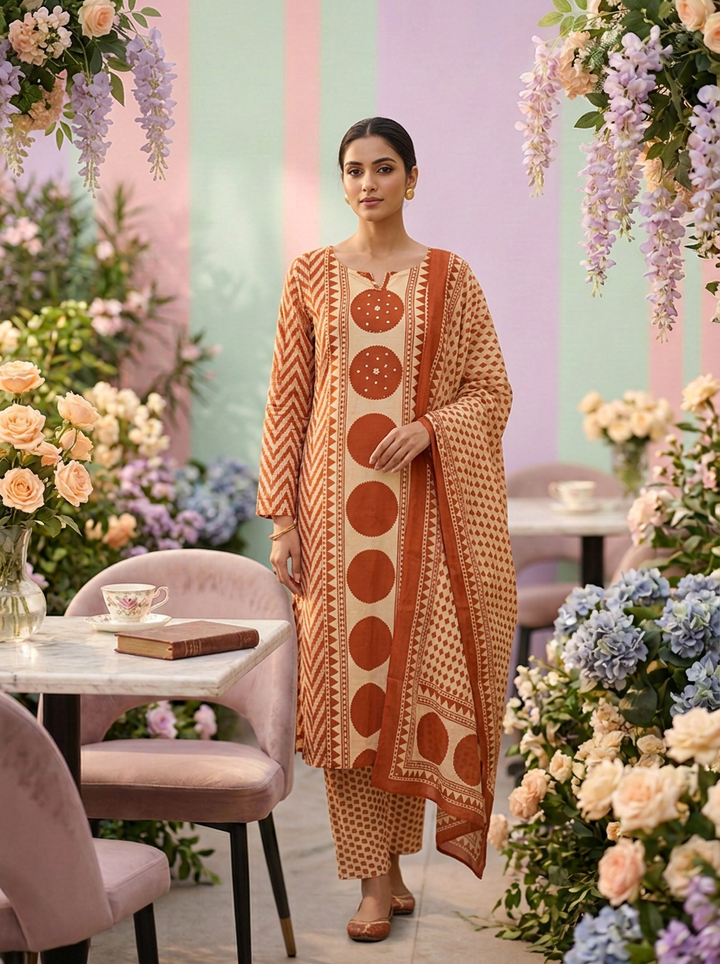 Neerus Orange cotton printed suit set - front view