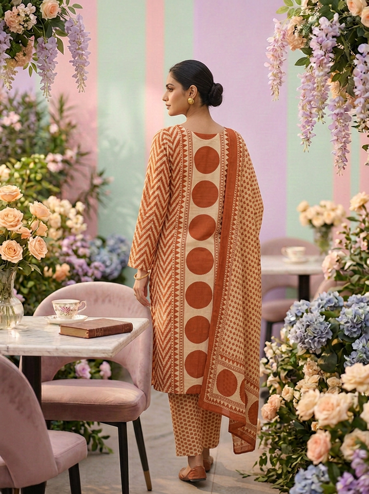 Neerus Orange cotton printed suit set - side view