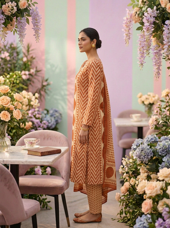 Neerus Orange cotton printed suit set - back view