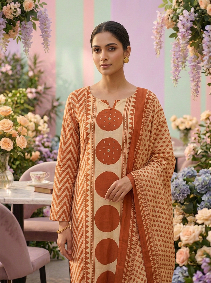Neerus Orange cotton printed suit set - detail view 1