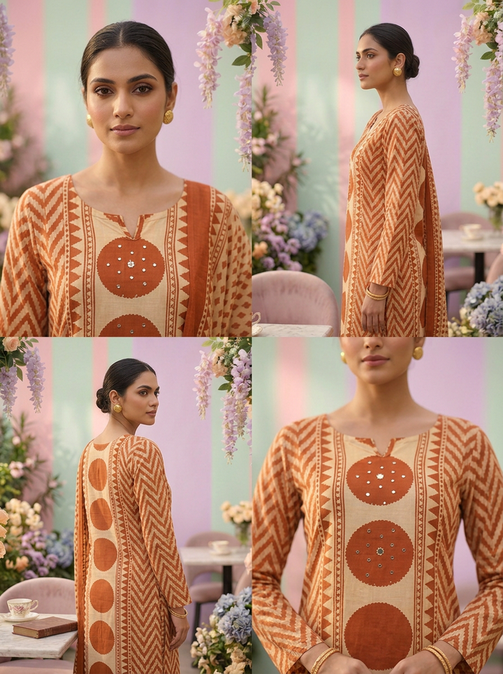 Neerus Orange cotton printed suit set - detail view 2