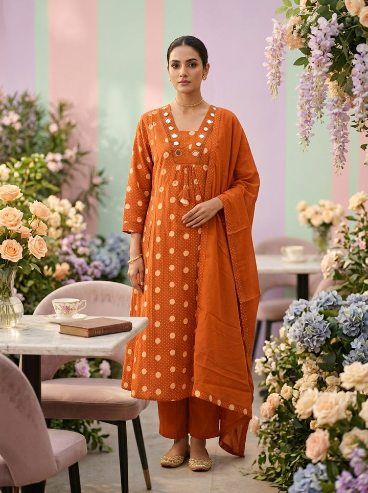 Neerus Orange cotton printed suit set - front view