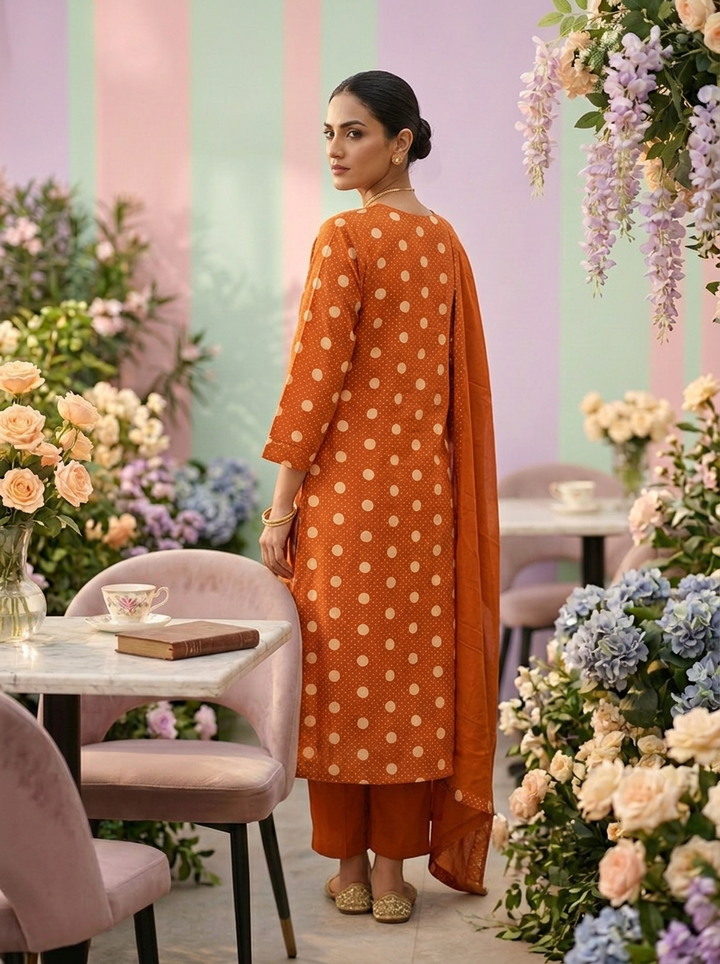 Neerus Orange cotton printed suit set - back view
