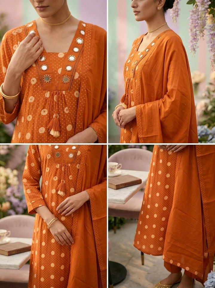 Neerus Orange cotton printed suit set - side view