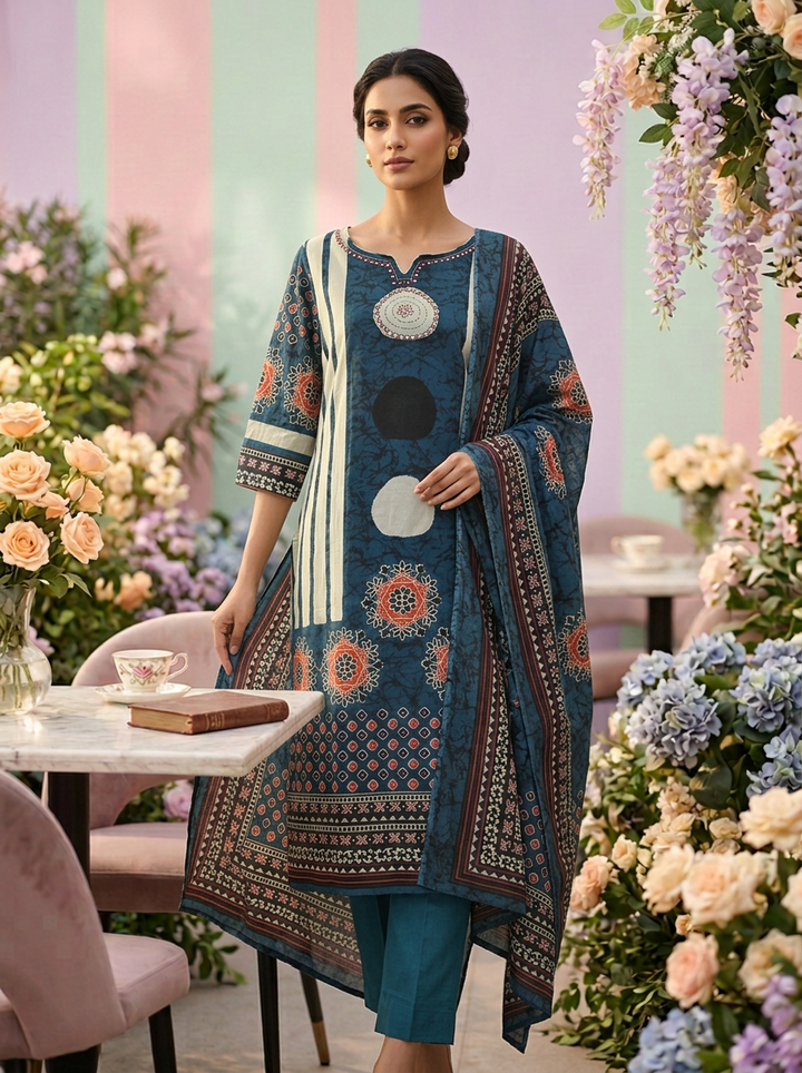 Neerus Green cotton printed suit set - front view