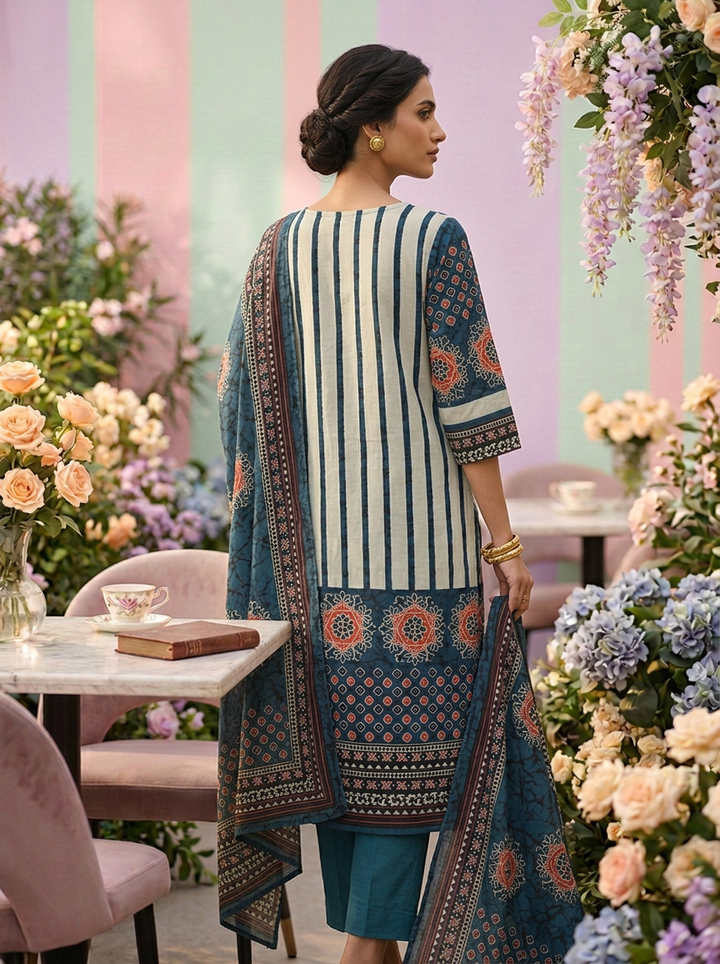 Neerus Green cotton printed suit set - back view