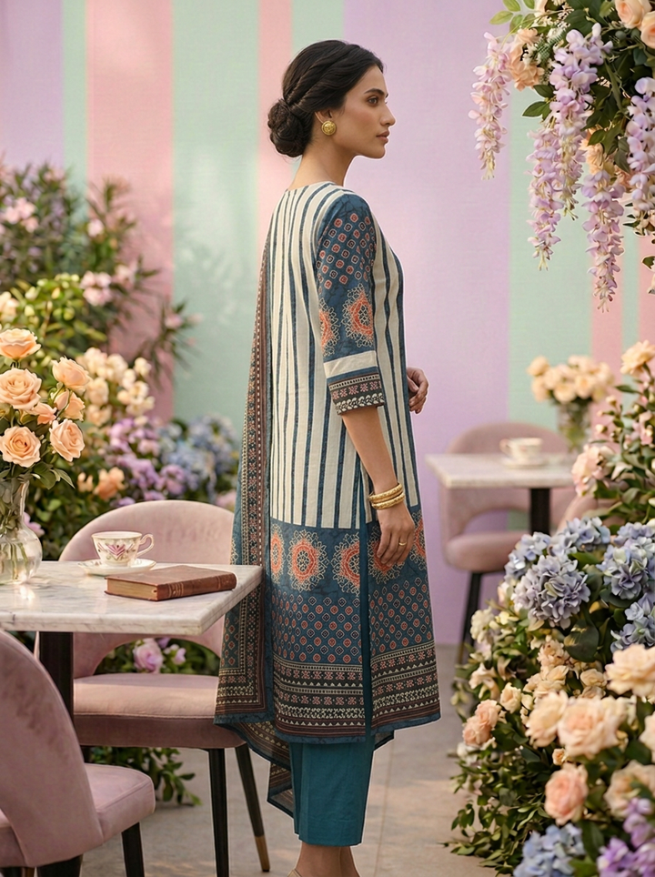 Neerus Green cotton printed suit set - side view