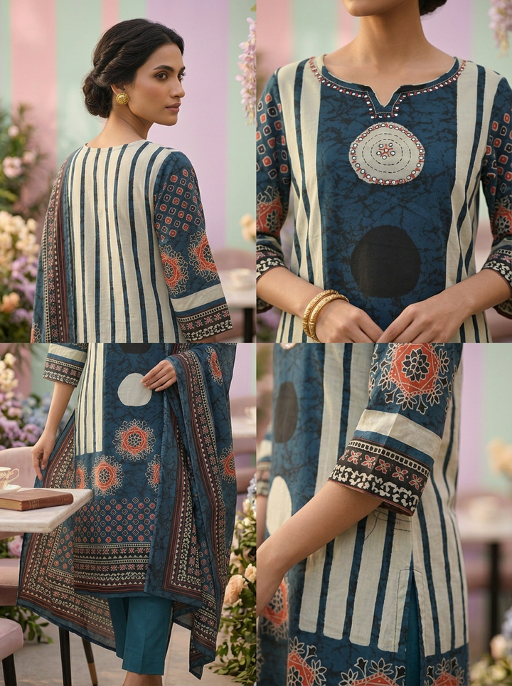 Neerus Green cotton printed suit set - detail view 2