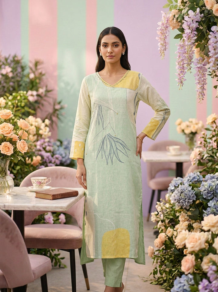 Neerus Green linen printed suit set - front view