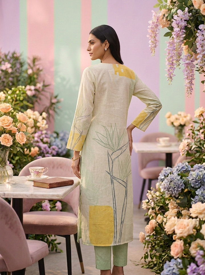 Neerus Green linen printed suit set - back view