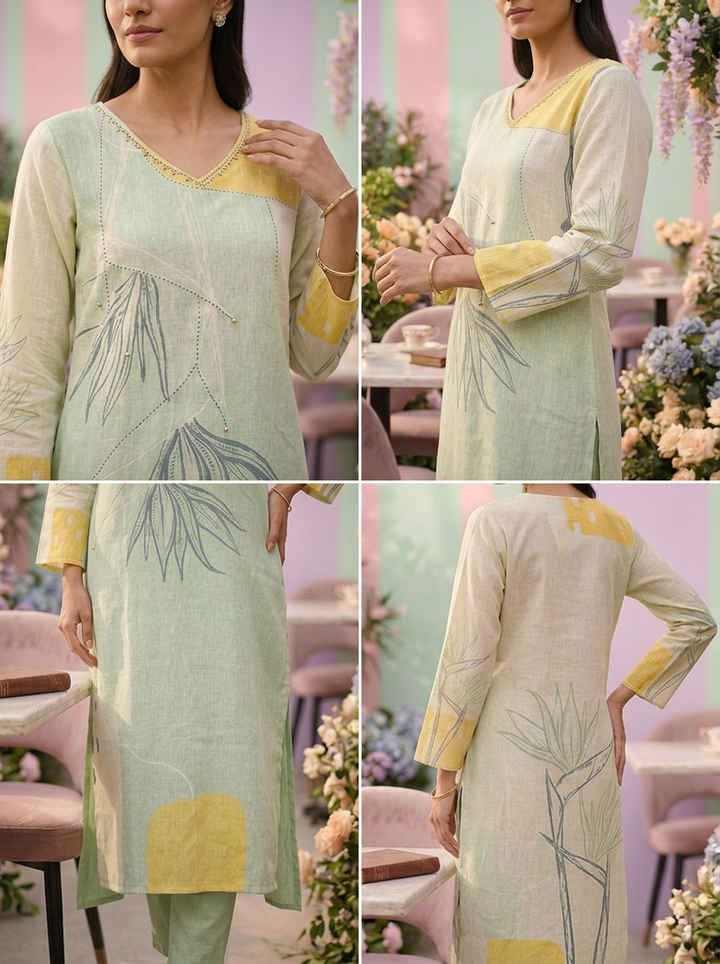 Neerus Green linen printed suit set - side view