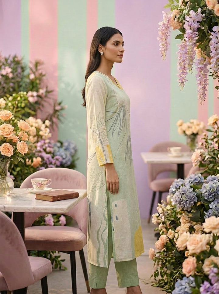 Neerus Green linen printed suit set - detail view 1