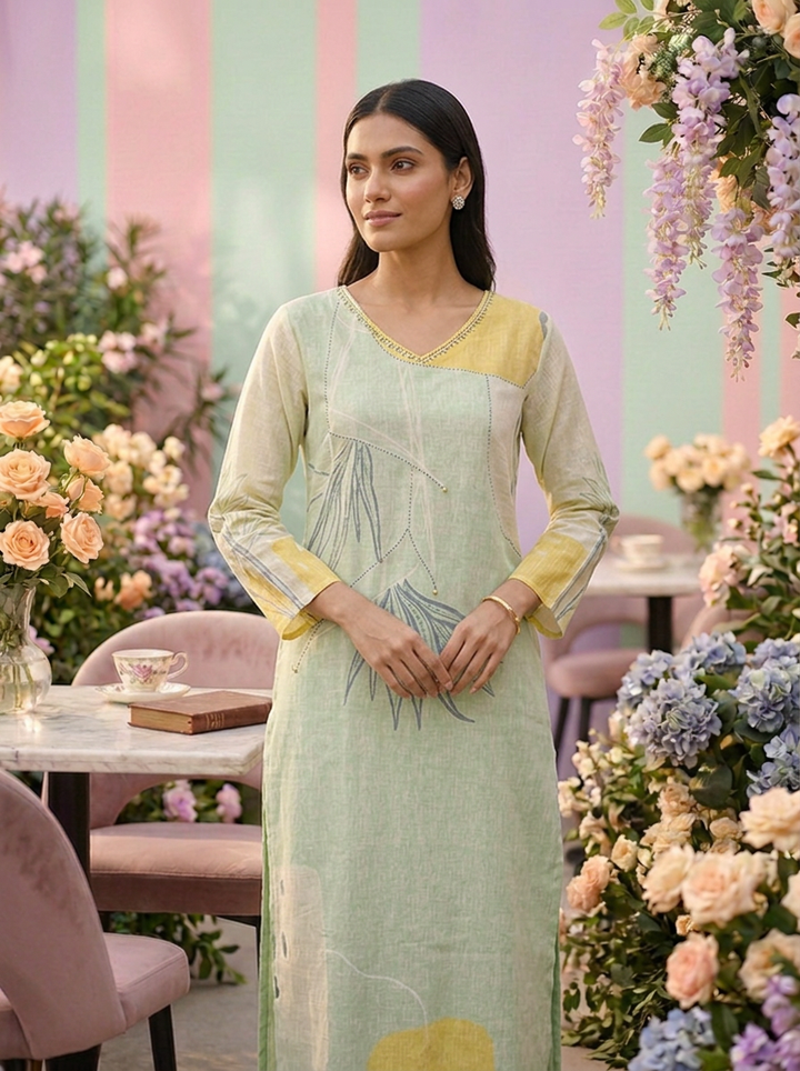 Neerus Green linen printed suit set - detail view 2