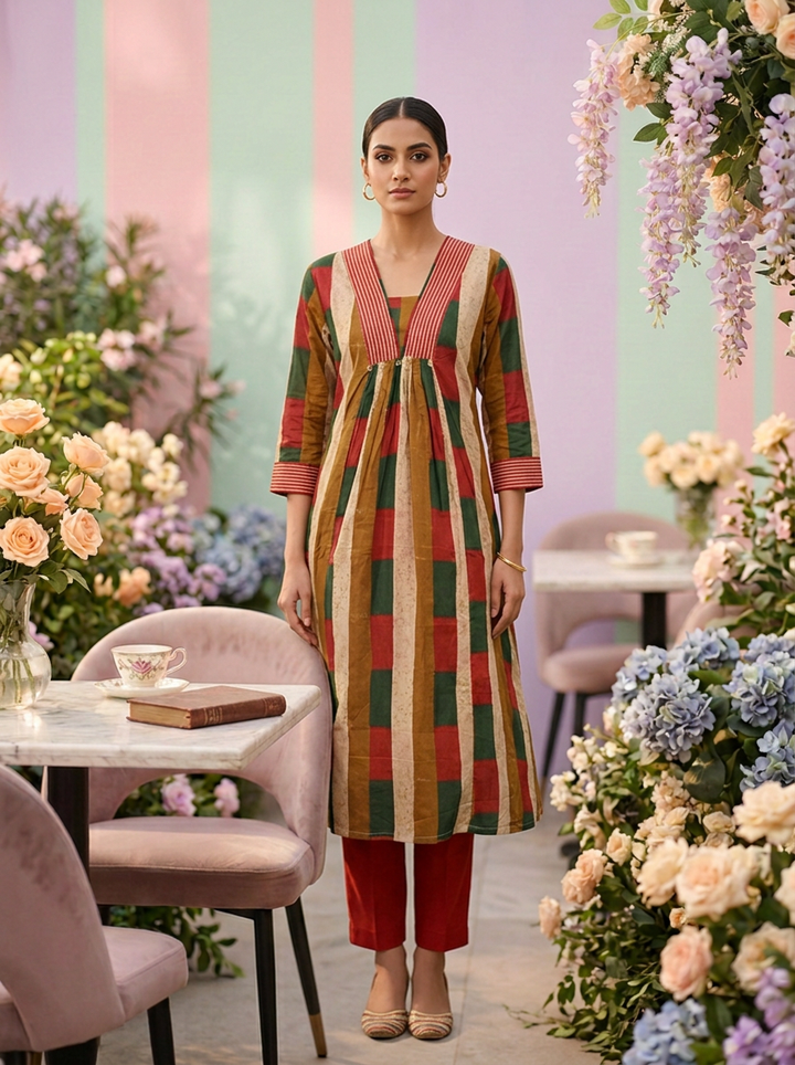 Neerus Yellow cotton printed suit set - front view