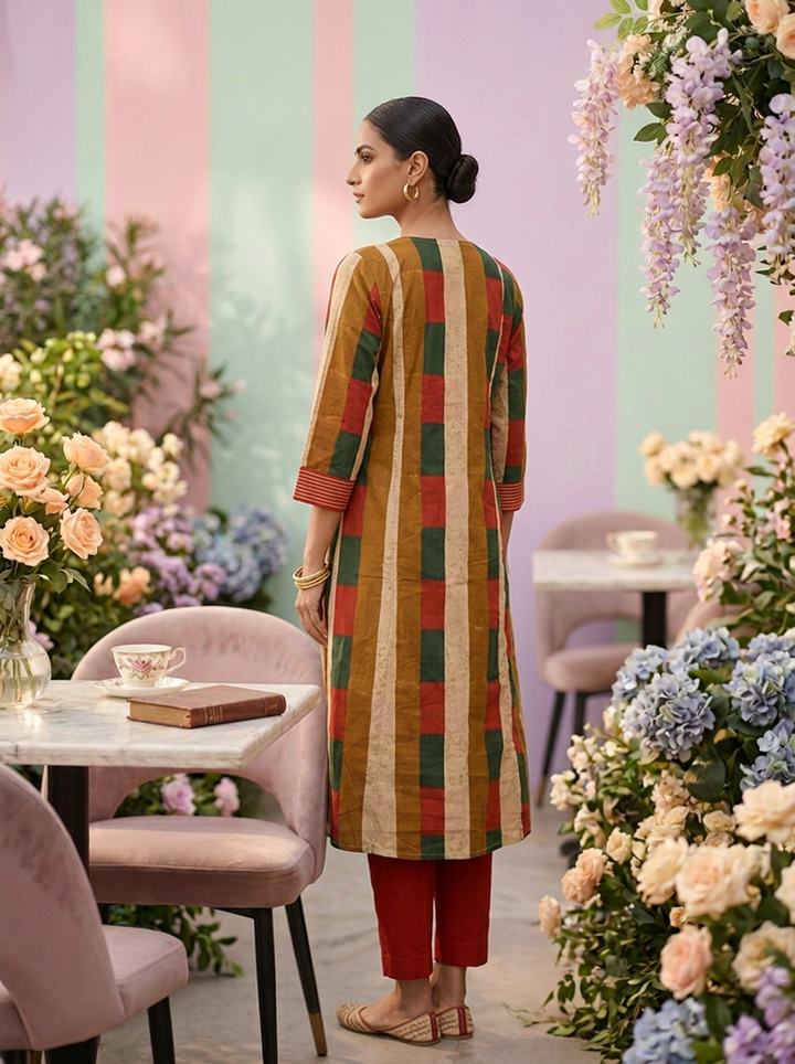 Neerus Yellow cotton printed suit set - back view