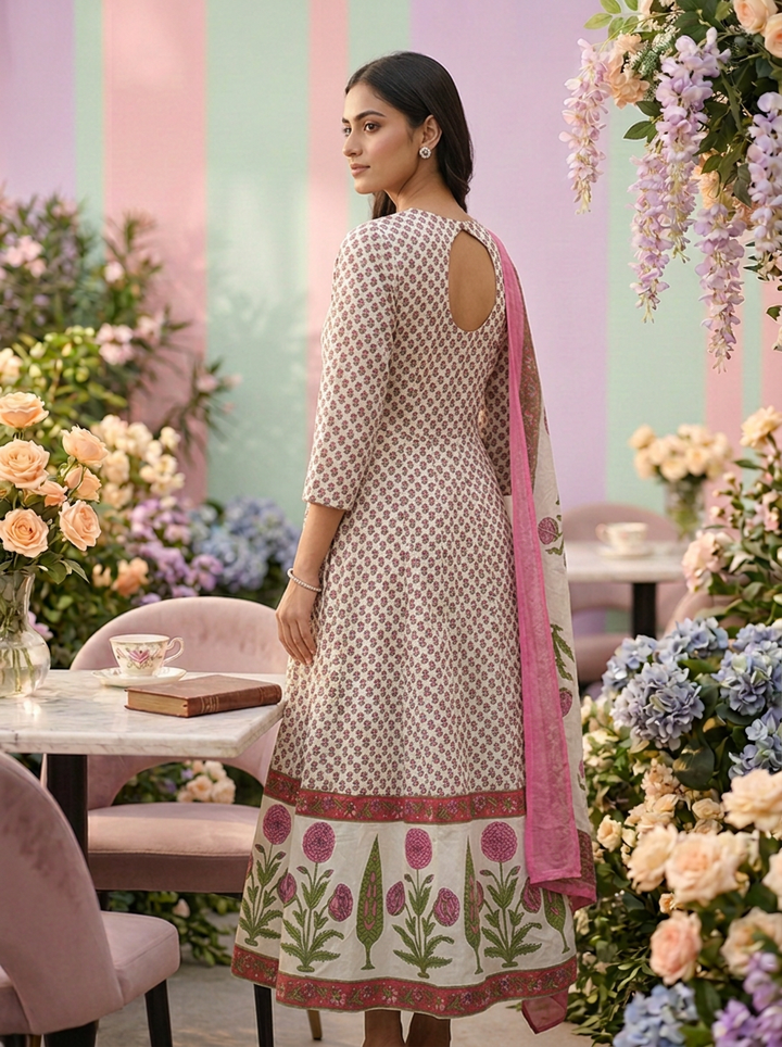 Neerus Pink cotton digital printed suit set - back view