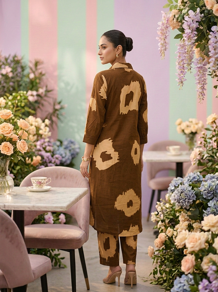 Neerus Brown cotton printed suit set - back view