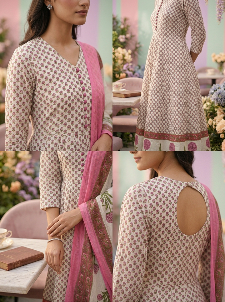 Neerus Pink cotton digital printed suit set - side view
