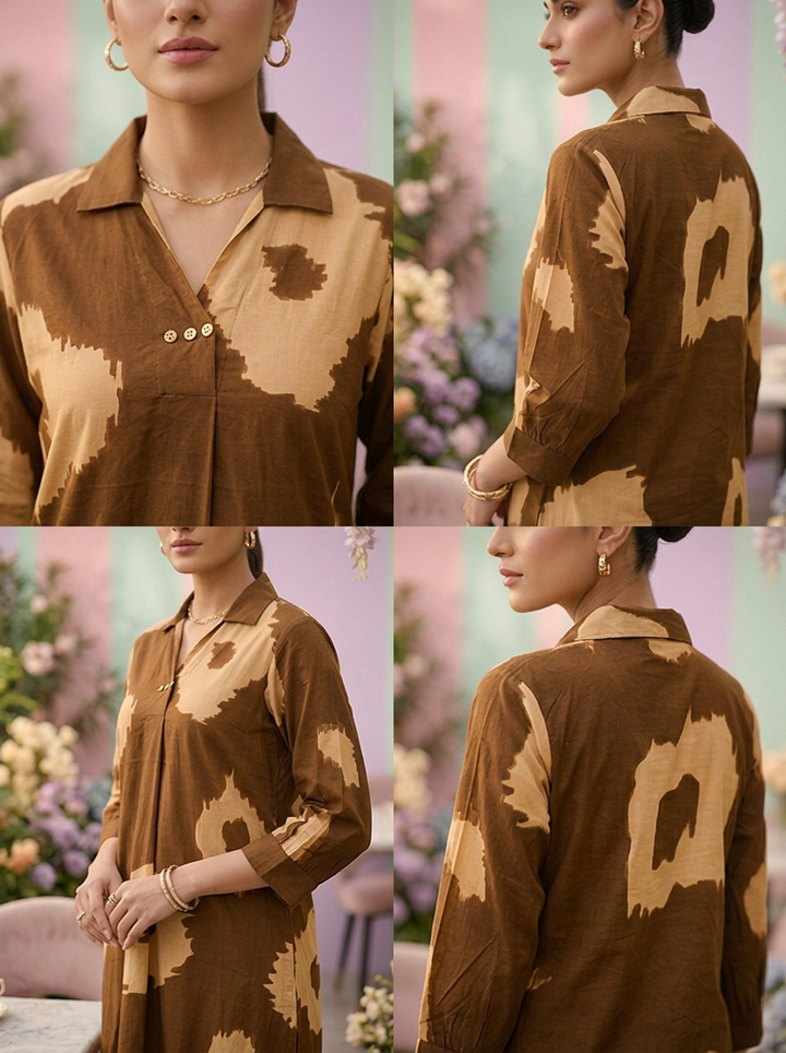 Neerus Brown cotton printed suit set - side view