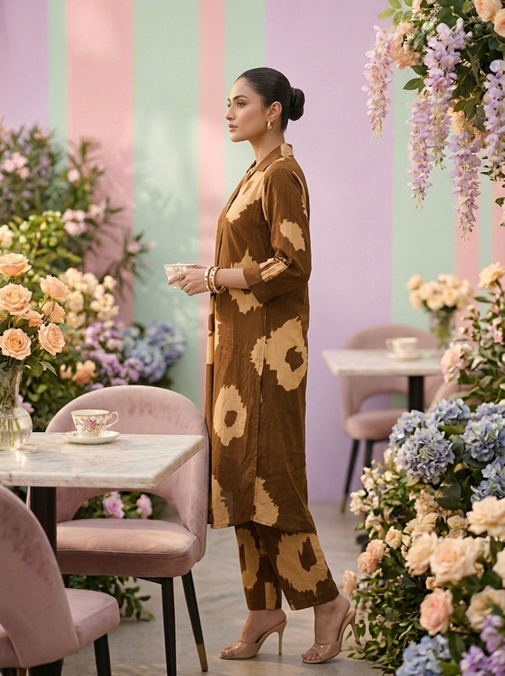 Neerus Brown cotton printed suit set - detail view 1