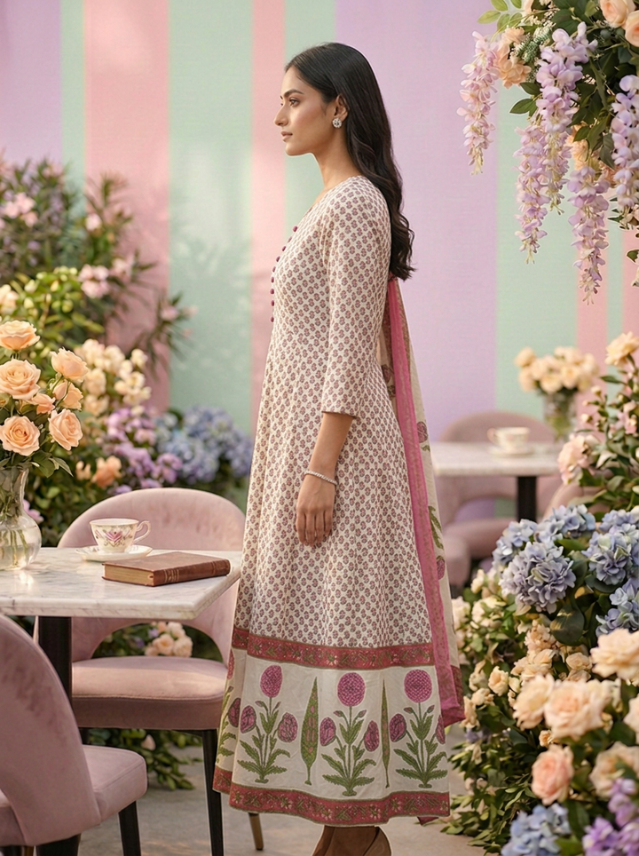 Neerus Pink cotton digital printed suit set - detail view 1