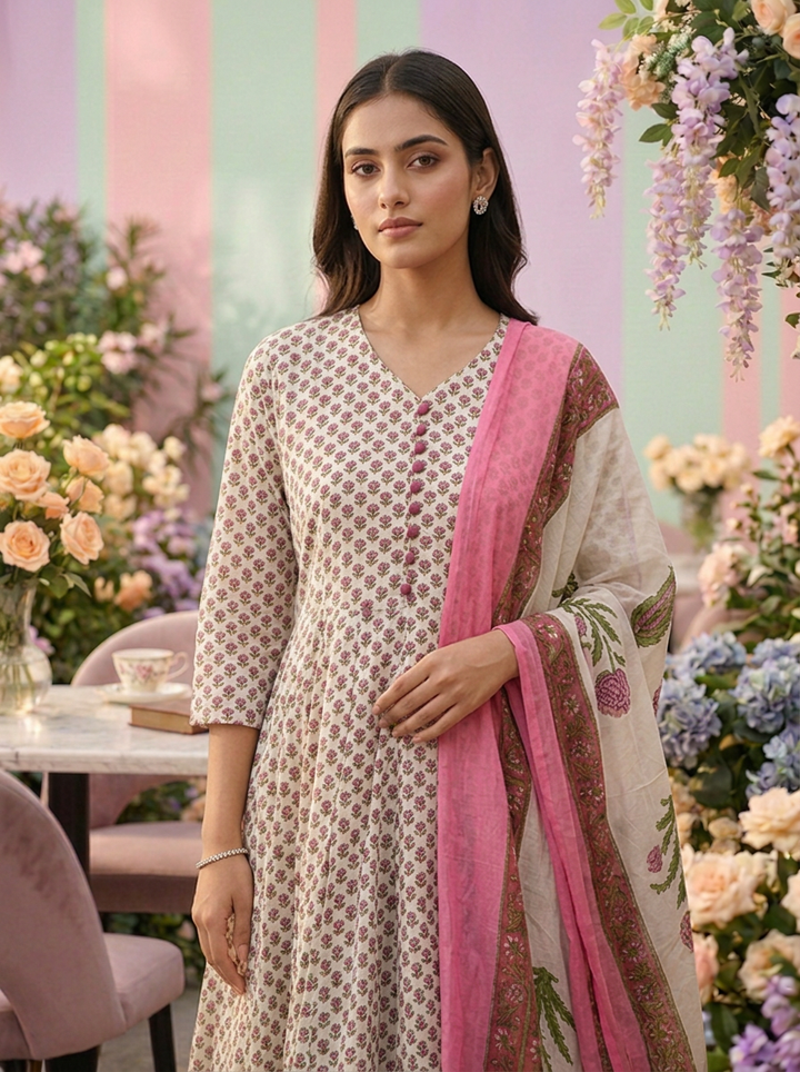 Neerus Pink cotton digital printed suit set - detail view 2