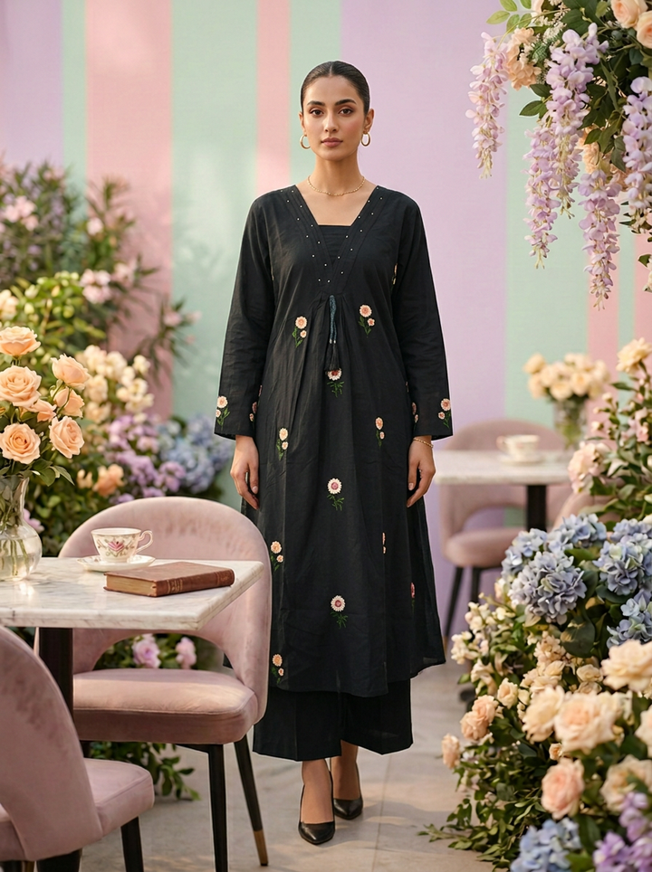 Neerus Green cotton hand embroidered suit set - front view