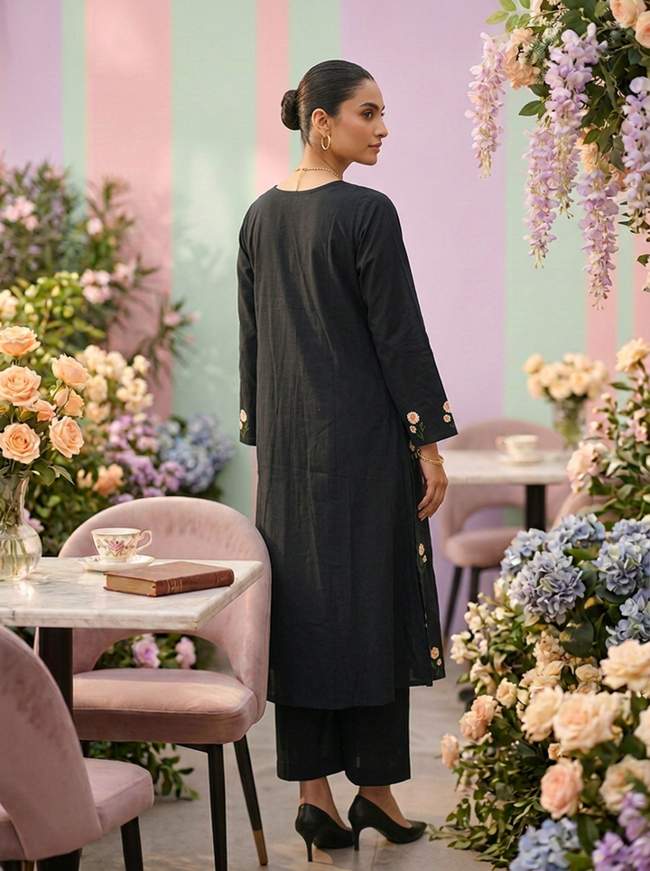 Neerus Green cotton hand embroidered suit set - back view