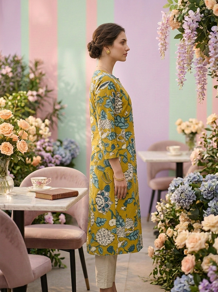 Neerus Yellow cotton printed suit set - detail view 1