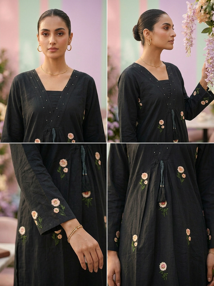 Neerus Green cotton hand embroidered suit set - side view