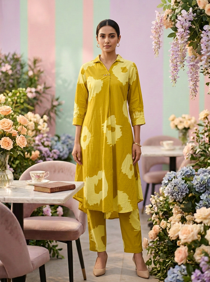 Neerus Green cotton printed suit set - front view