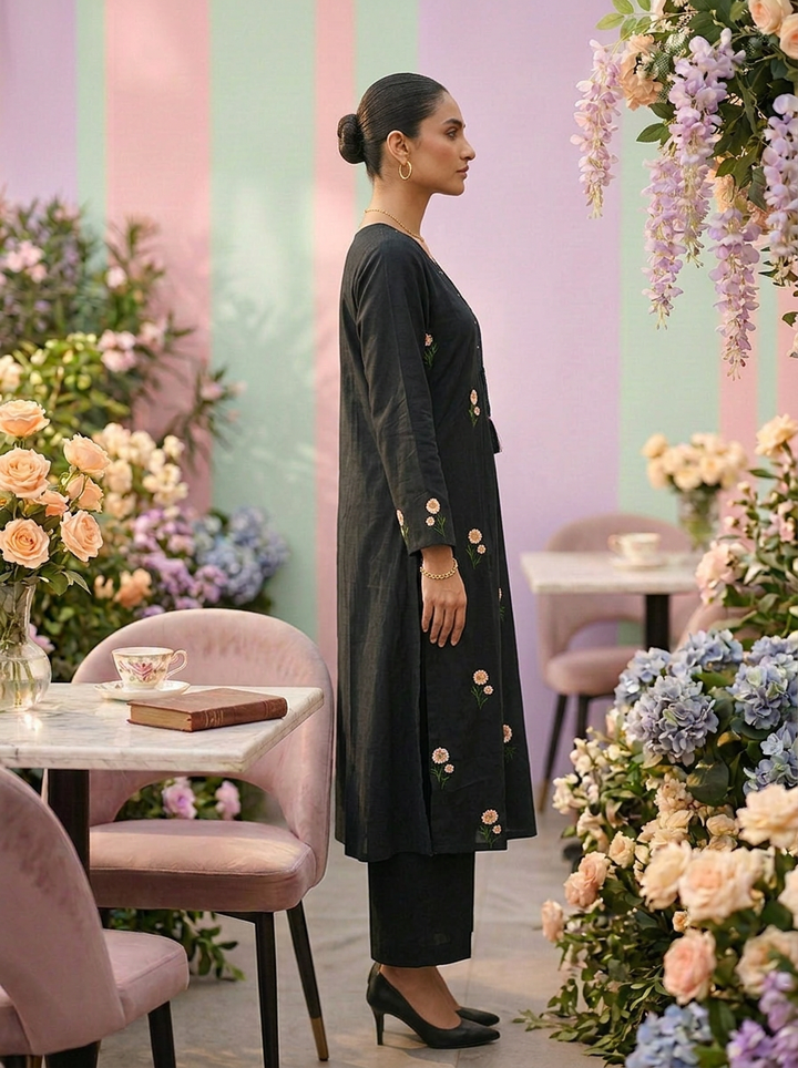 Neerus Green cotton hand embroidered suit set - detail view 1