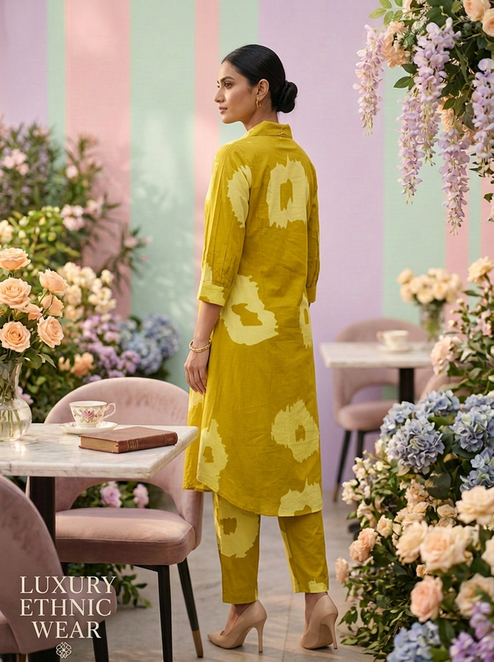 Neerus Green cotton printed suit set - back view
