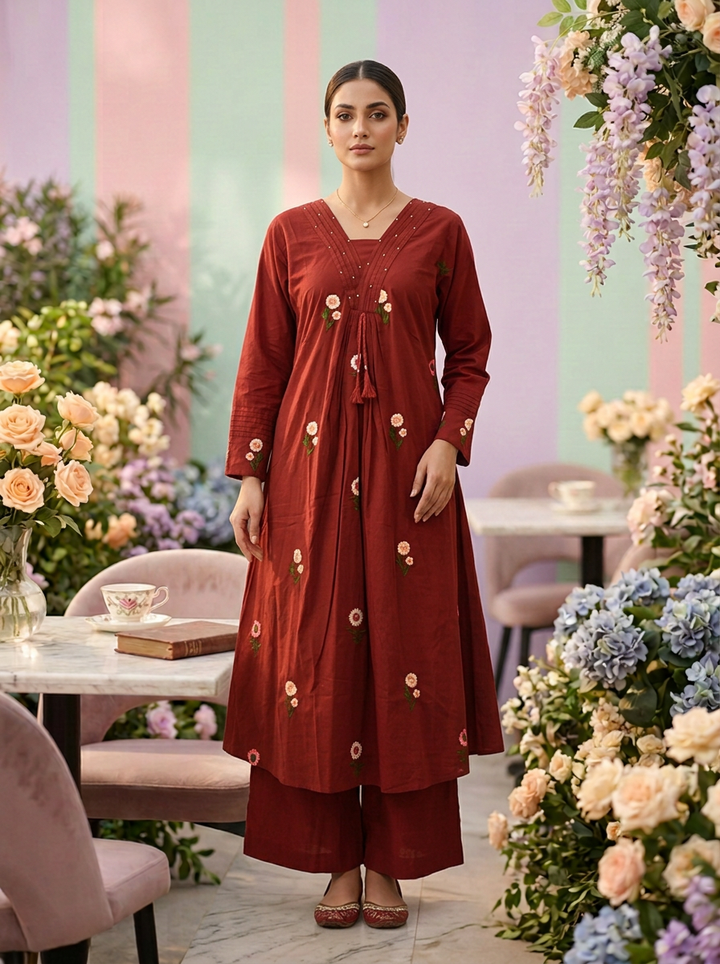 Neerus Maroon cotton printed co-ord set - front view