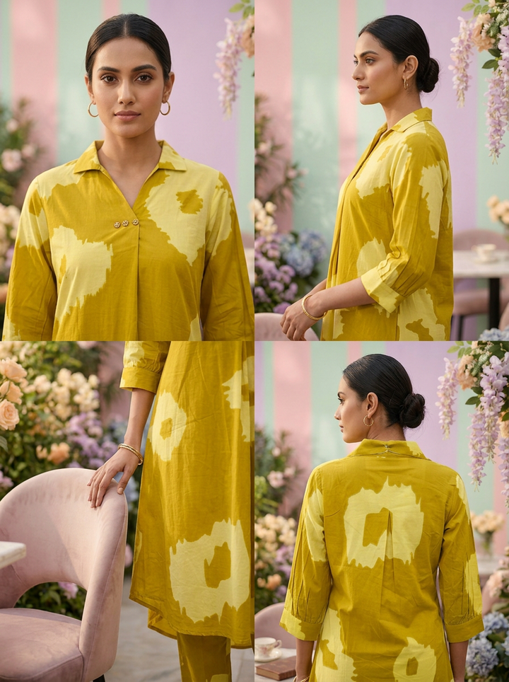 Neerus Green cotton printed suit set - side view