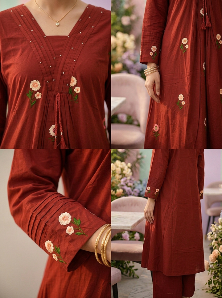 Neerus Maroon cotton printed co-ord set - side view