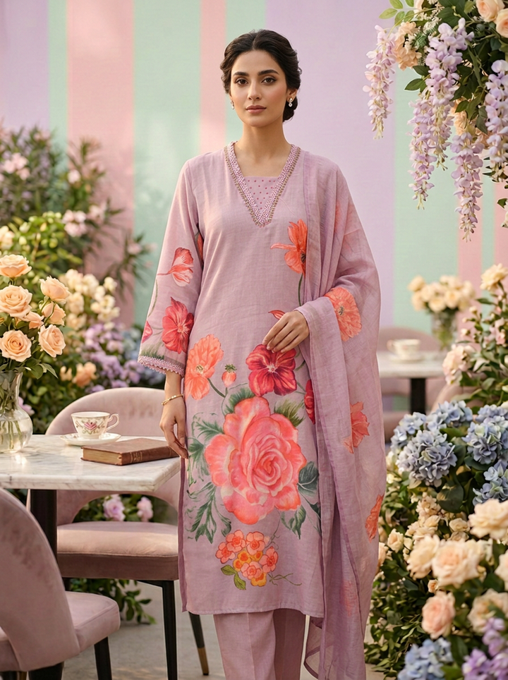 Neerus Purple Rayon Printed Suit Set - front view