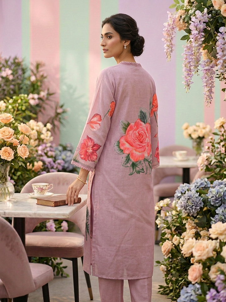 Neerus Purple Rayon Printed Suit Set - back view