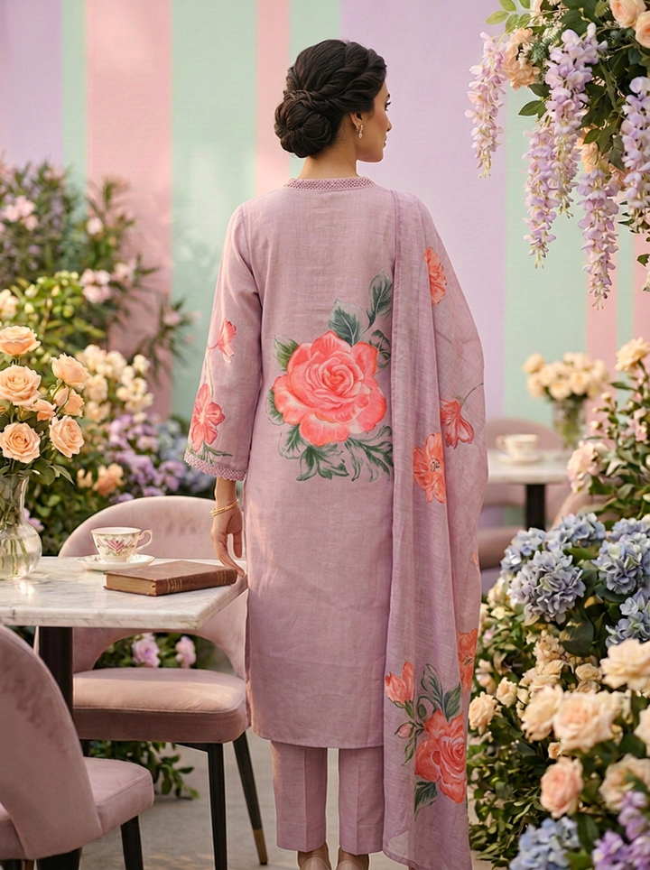 Neerus Purple Rayon Printed Suit Set - side view