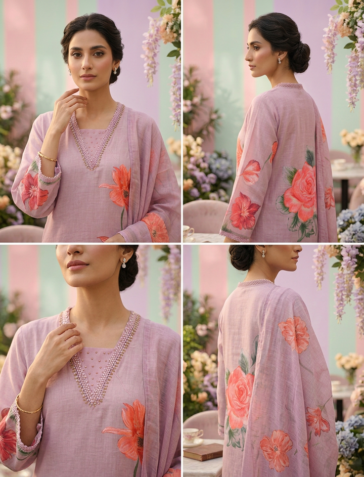Neerus Purple Rayon Printed Suit Set - detail view 1