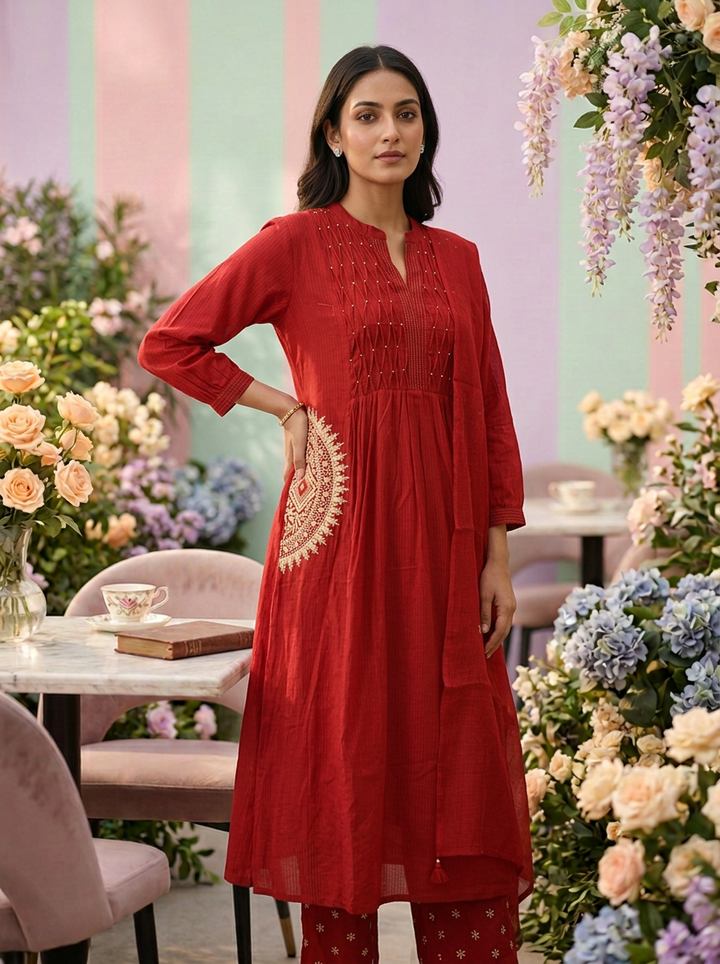 Neerus Maroon cotton printed suit set - back view