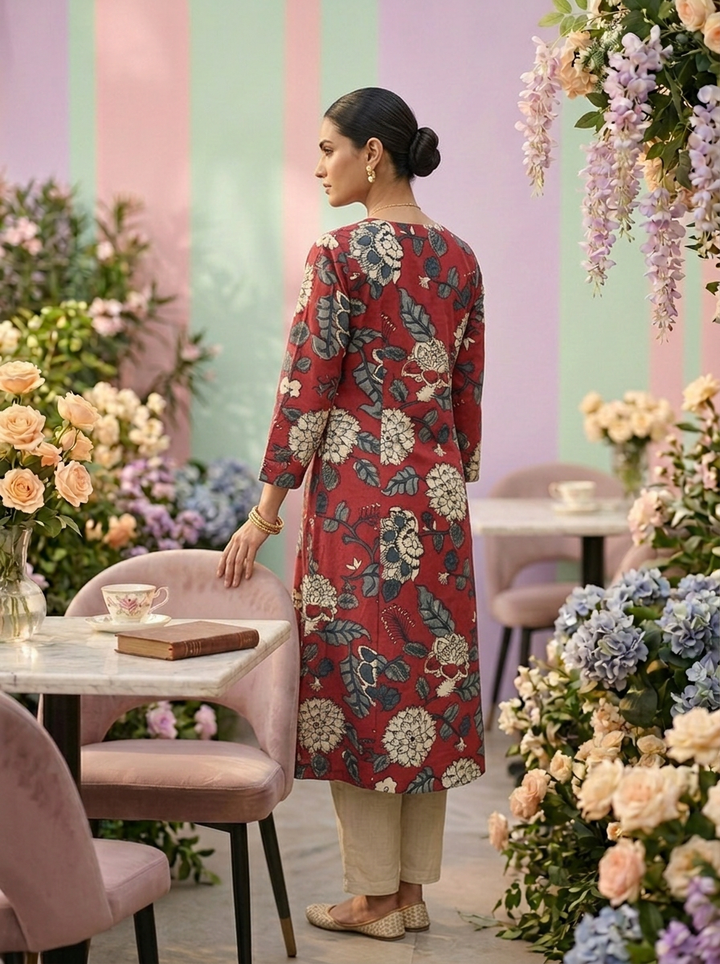 Neerus Maroon cotton printed co-ord set - back view