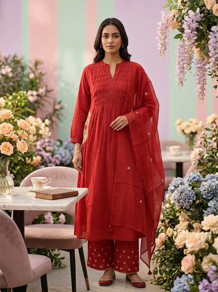 Neerus Maroon cotton printed suit set - front view