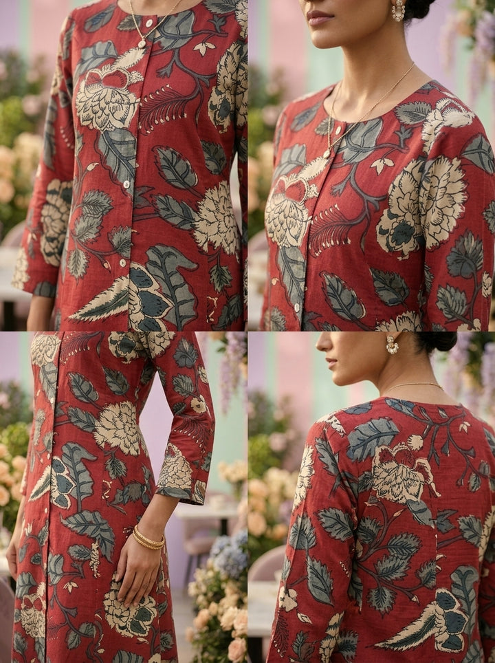 Neerus Maroon cotton printed co-ord set - side view