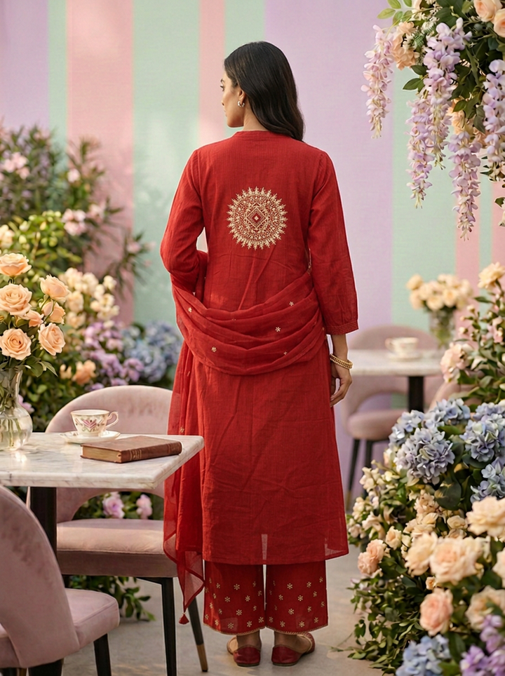 Neerus Maroon cotton printed suit set - side view