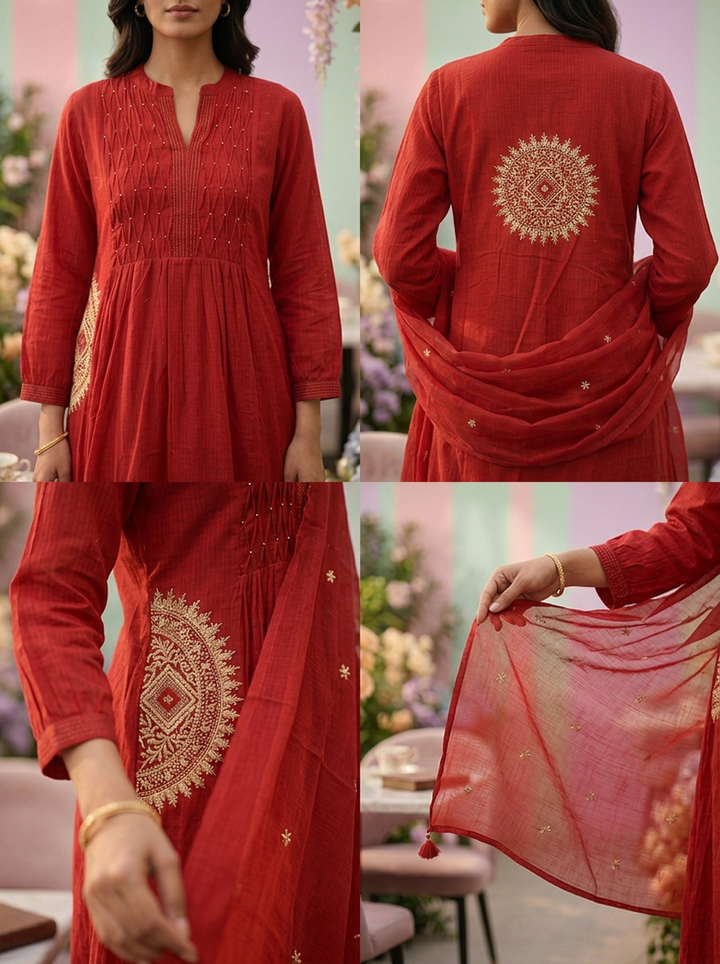 Neerus Maroon cotton printed suit set - detail view 1