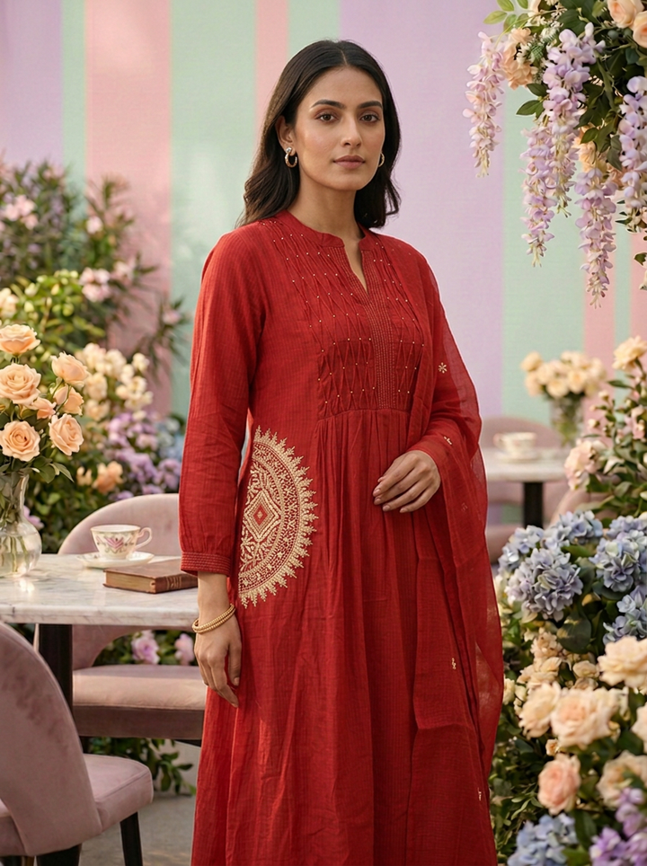 Neerus Maroon cotton printed suit set - detail view 2