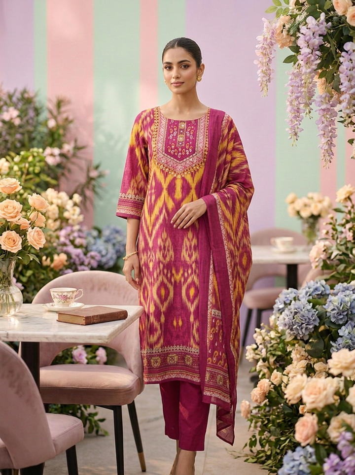 Neerus Pink cotton printed suit set - front view