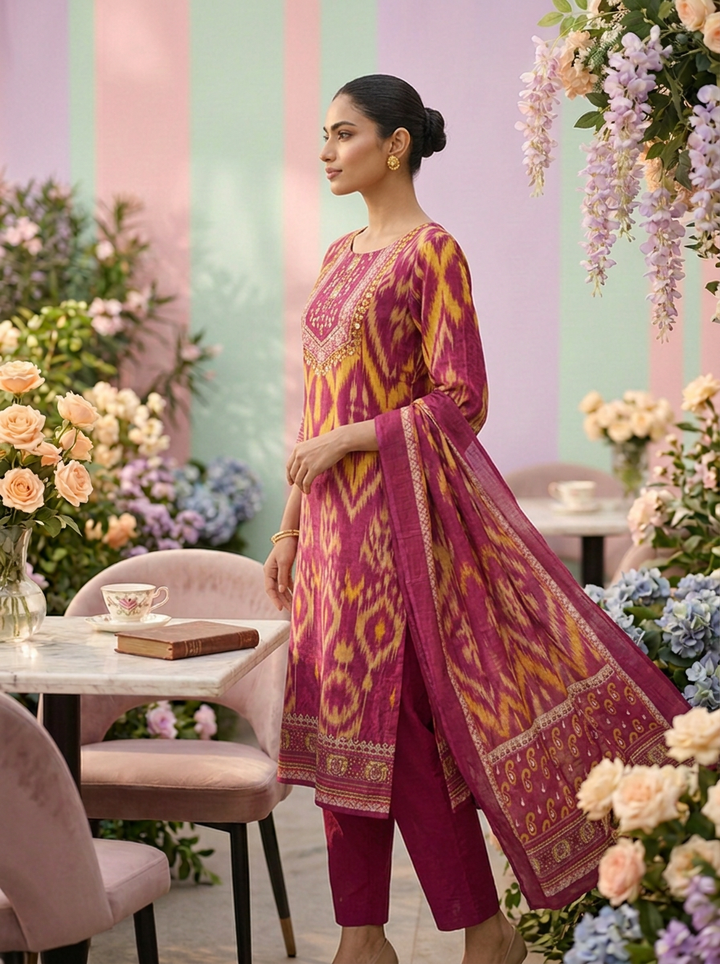 Neerus Pink cotton printed suit set - detail view 1
