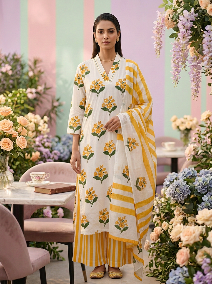 Neerus Yellow cotton printed suit set - front view
